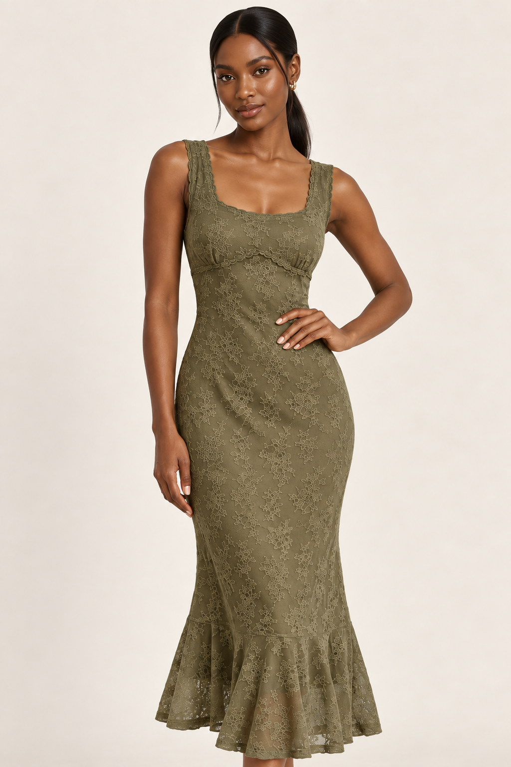 Aurelia Olive Floral Lace Trumpet Midi Dress