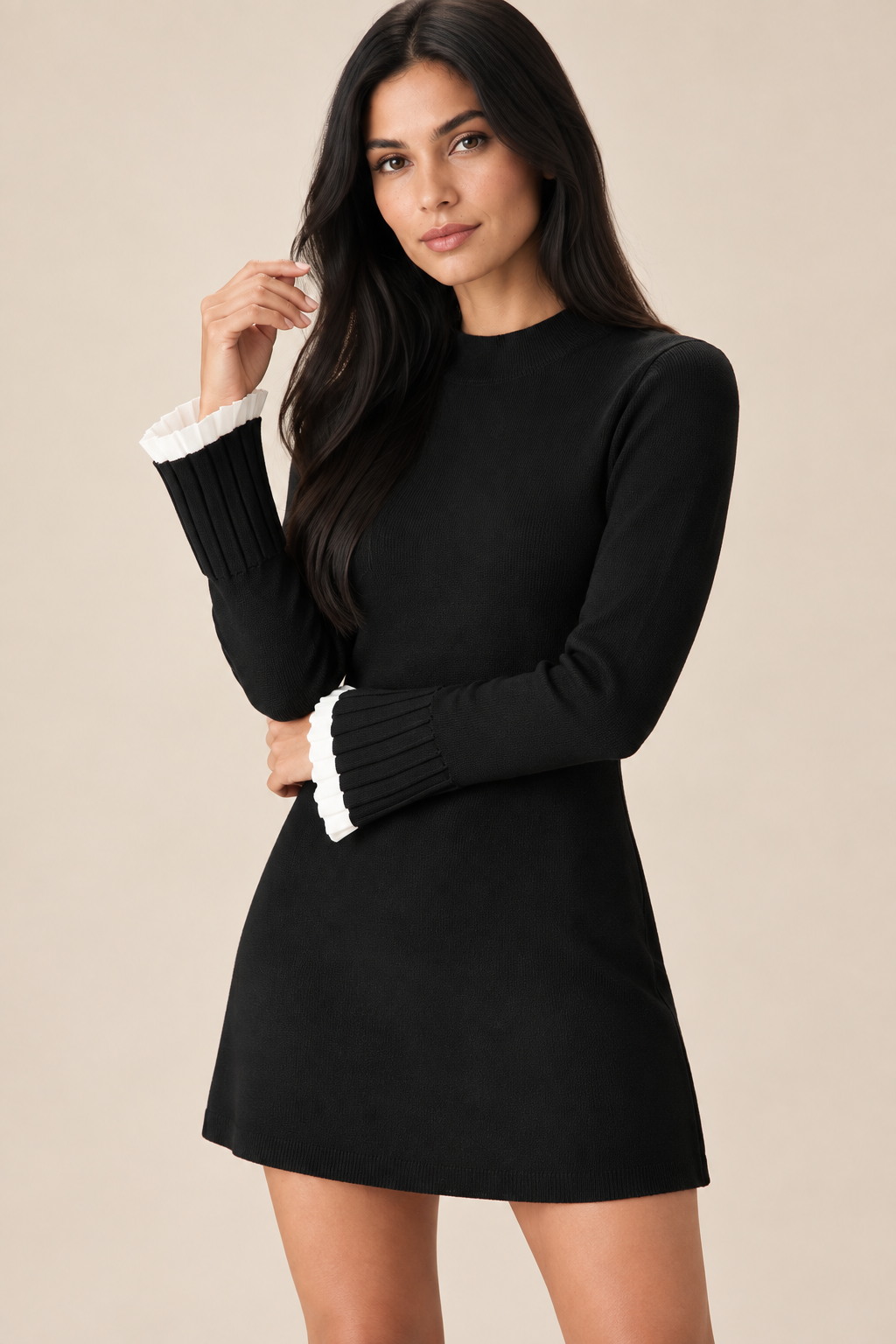 Mireille Black Contrast-Cuff Sweater Mini Dress