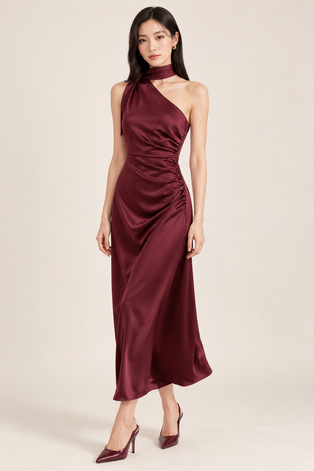 Cordelia Wine Red One-Shoulder Satin Midi Dress