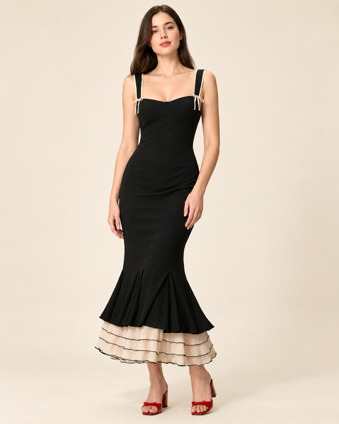 Genevieve Black Contrast-Ruffle Mermaid Maxi Dress