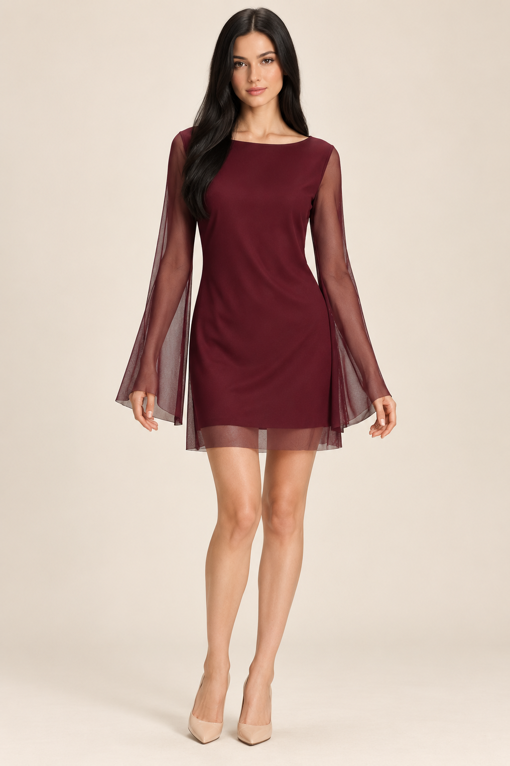 Marianne Wine Red Boat-Neck Mesh Mini Dress