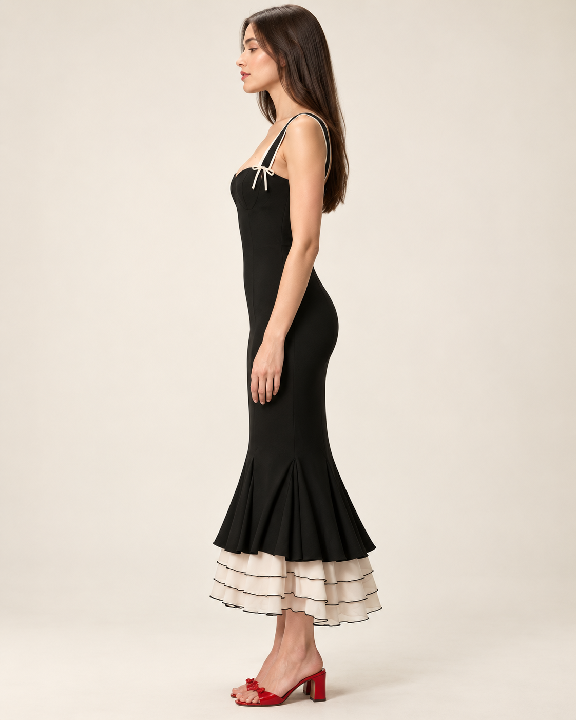 Genevieve Black Contrast-Ruffle Mermaid Maxi Dress