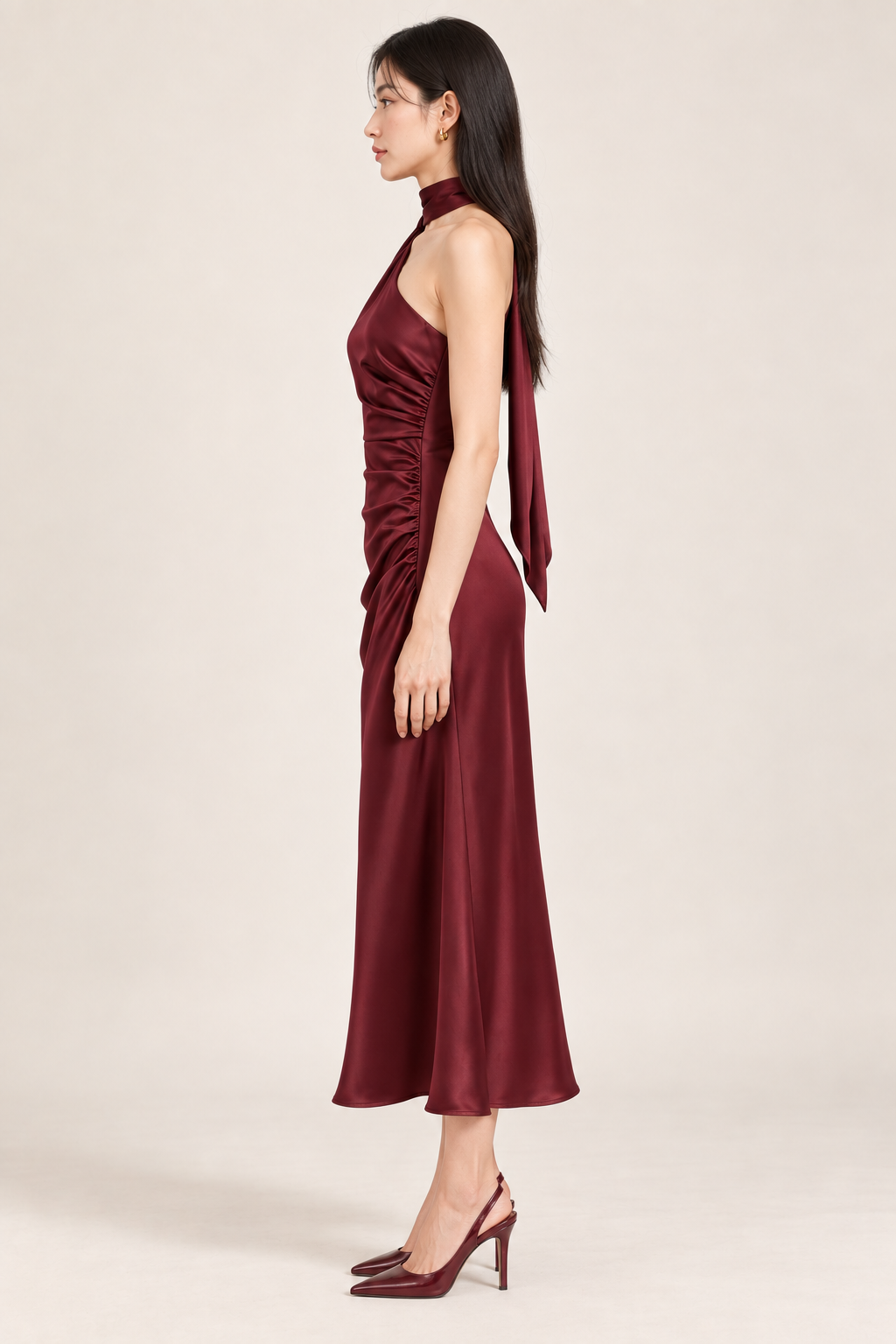 Cordelia Wine Red One-Shoulder Satin Midi Dress