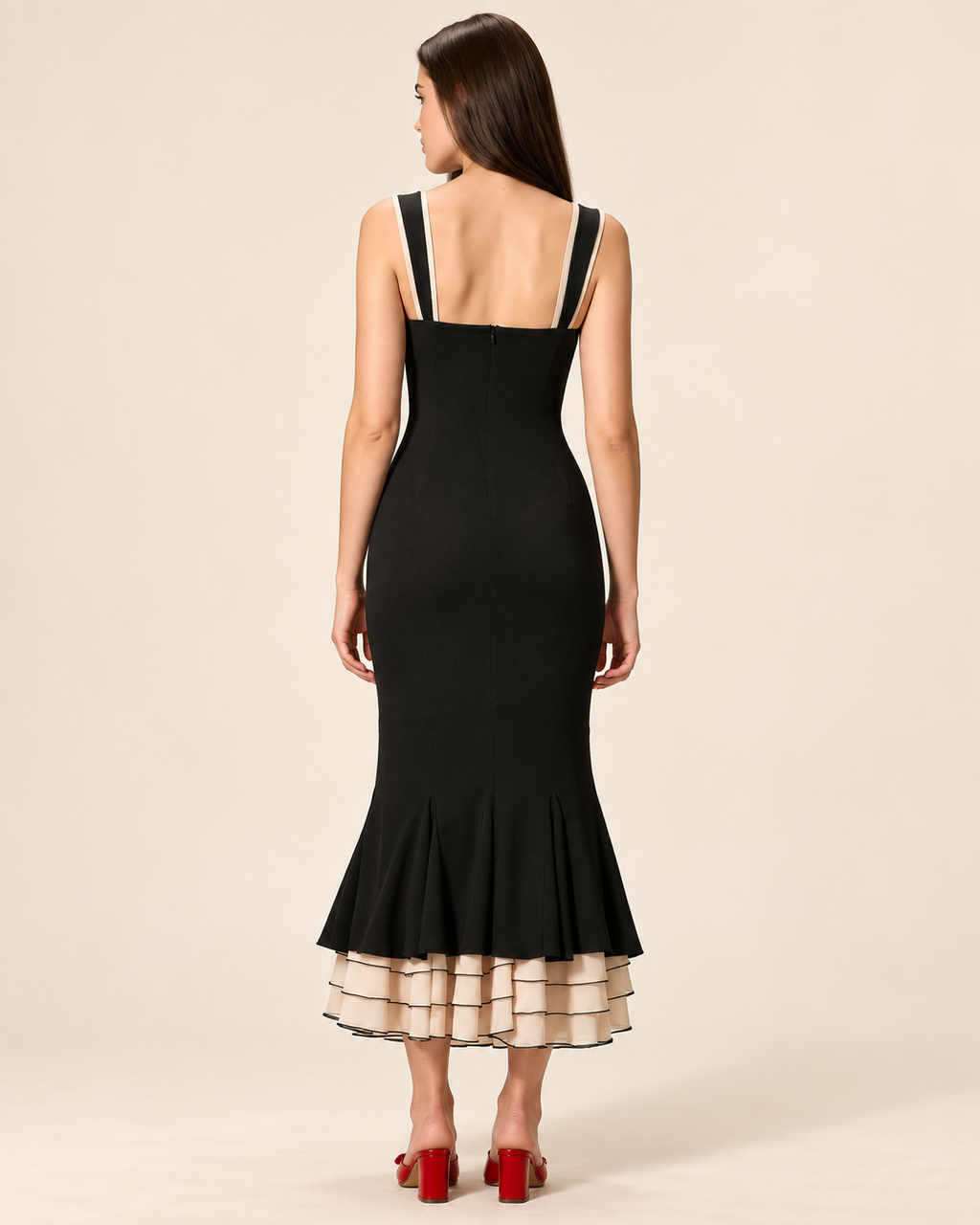 Genevieve Black Contrast-Ruffle Mermaid Maxi Dress