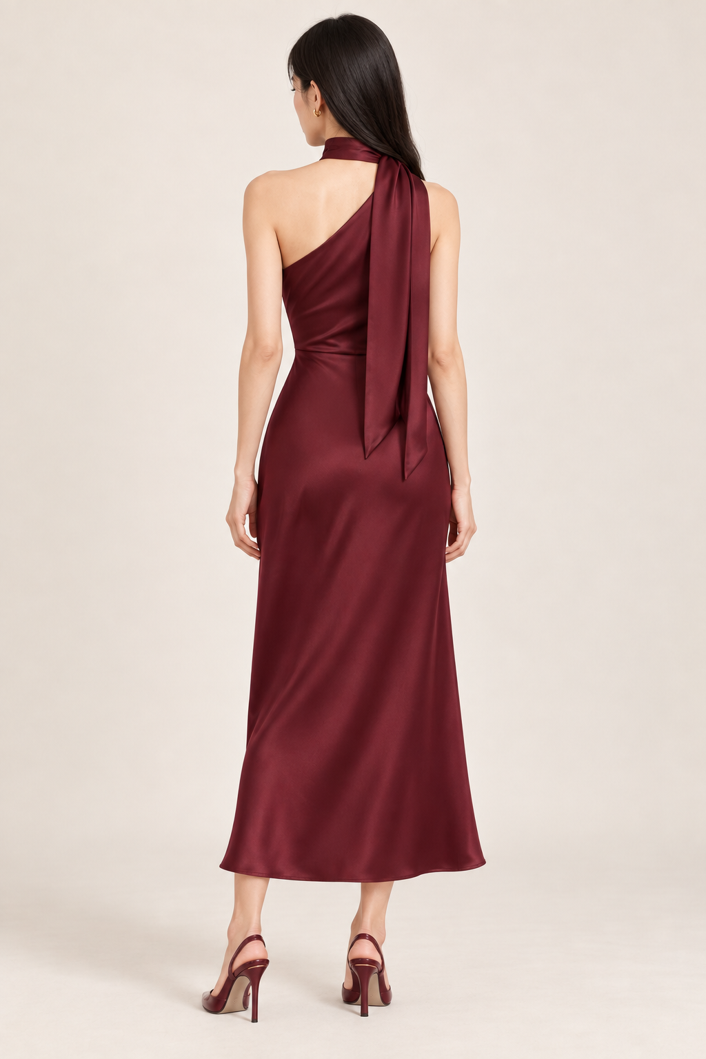 Cordelia Wine Red One-Shoulder Satin Midi Dress