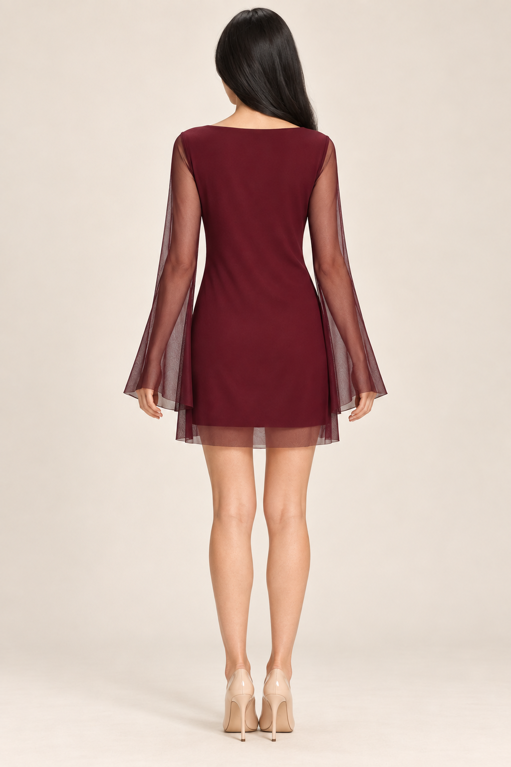 Marianne Wine Red Boat-Neck Mesh Mini Dress