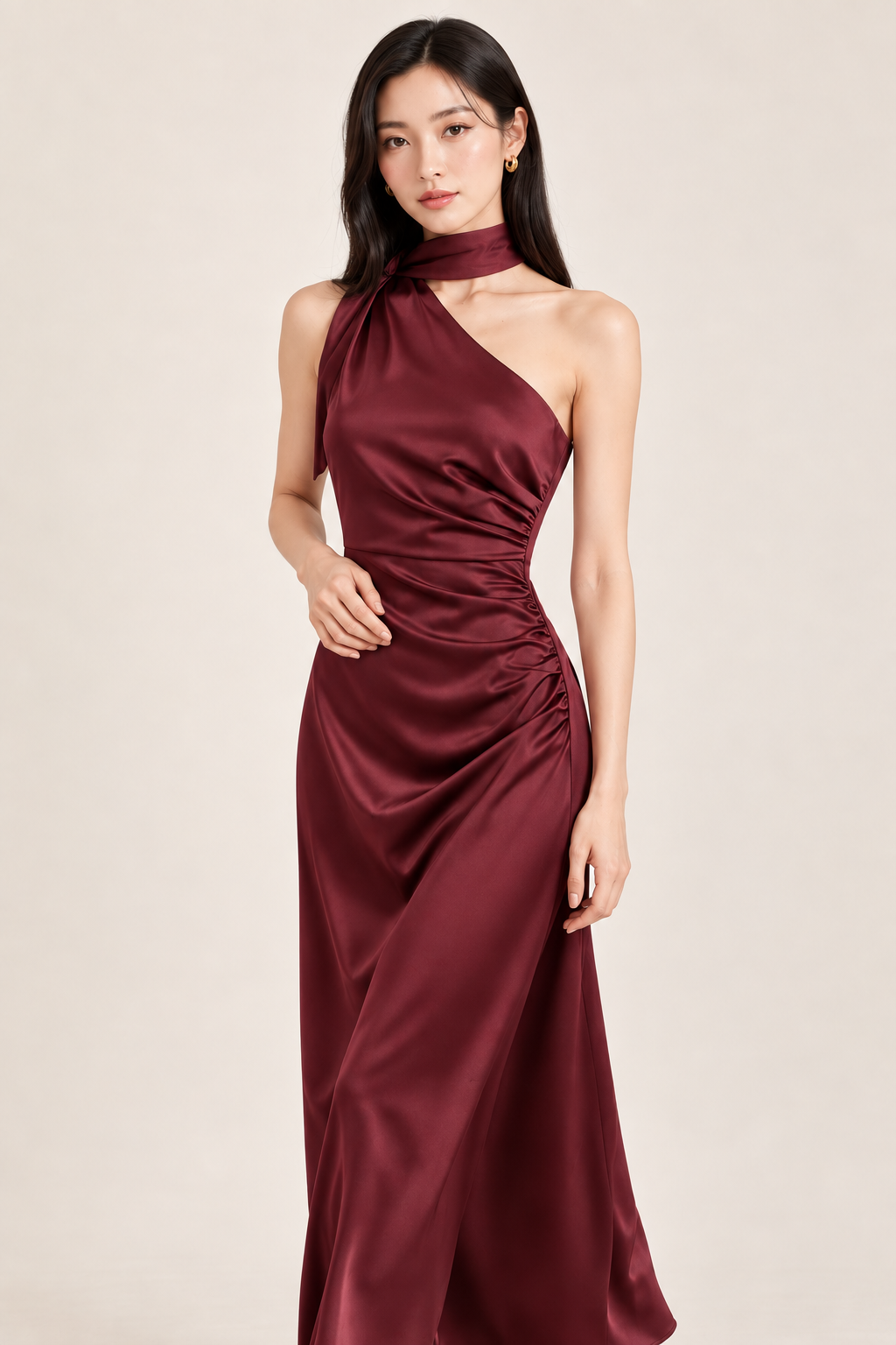 Cordelia Wine Red One-Shoulder Satin Midi Dress