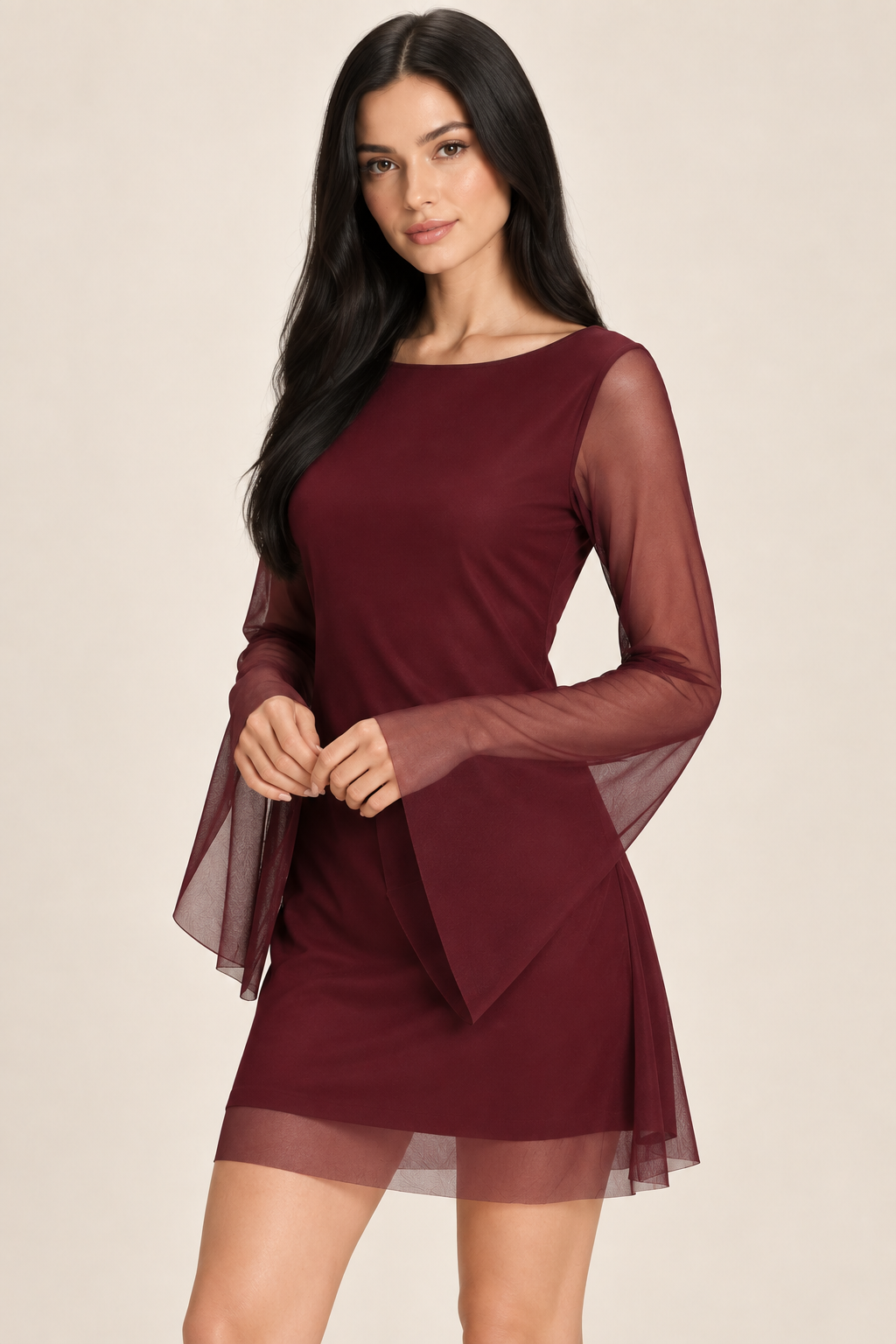 Marianne Wine Red Boat-Neck Mesh Mini Dress