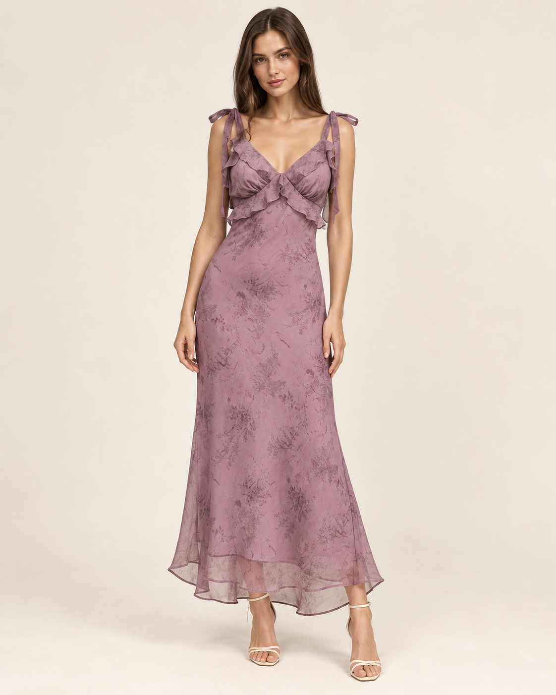 Liliane Dusty Mauve Floral Tie-Strap Midi Dress