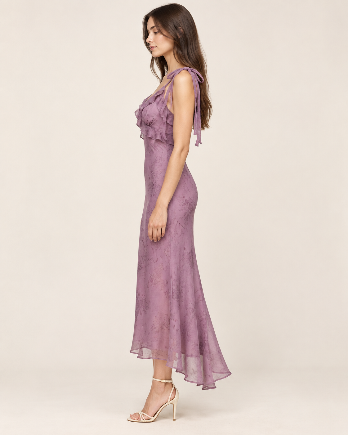 Liliane Dusty Mauve Floral Tie-Strap Midi Dress