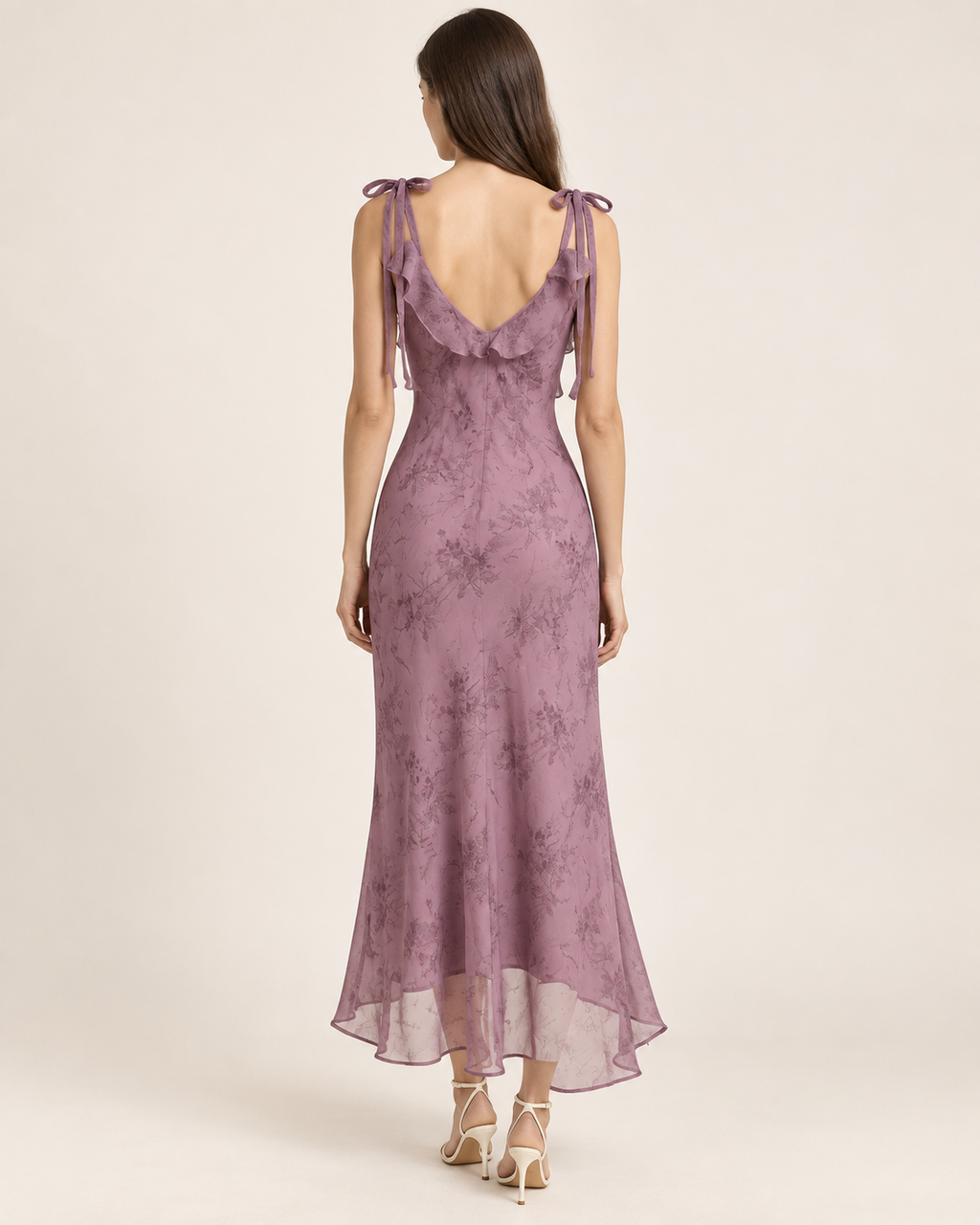 Liliane Dusty Mauve Floral Tie-Strap Midi Dress