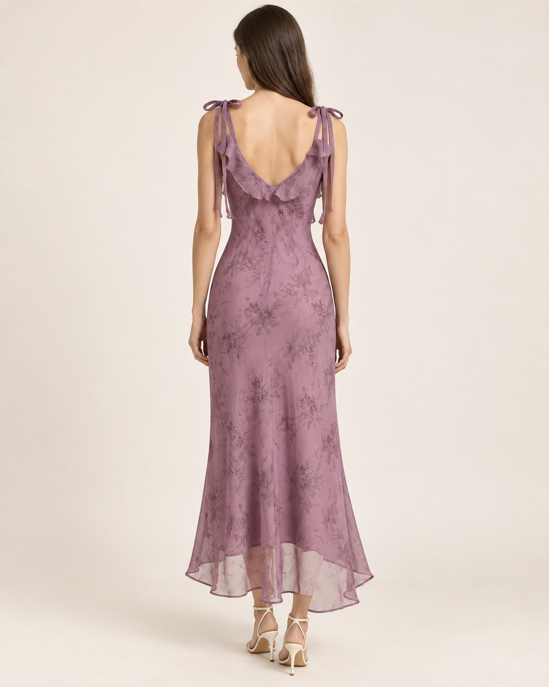 Liliane Dusty Mauve Floral Tie-Strap Midi Dress