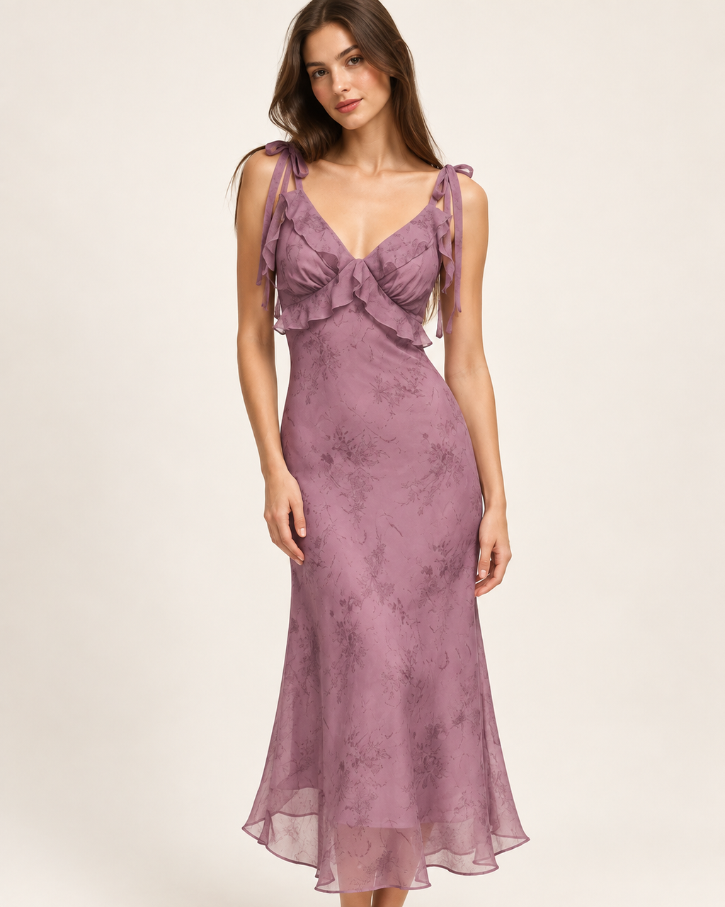 Liliane Dusty Mauve Floral Tie-Strap Midi Dress