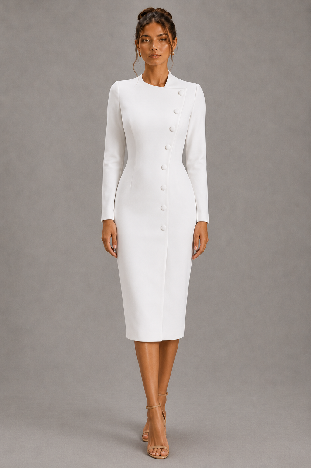 Vivienne White Asymmetric Button Midi Dress