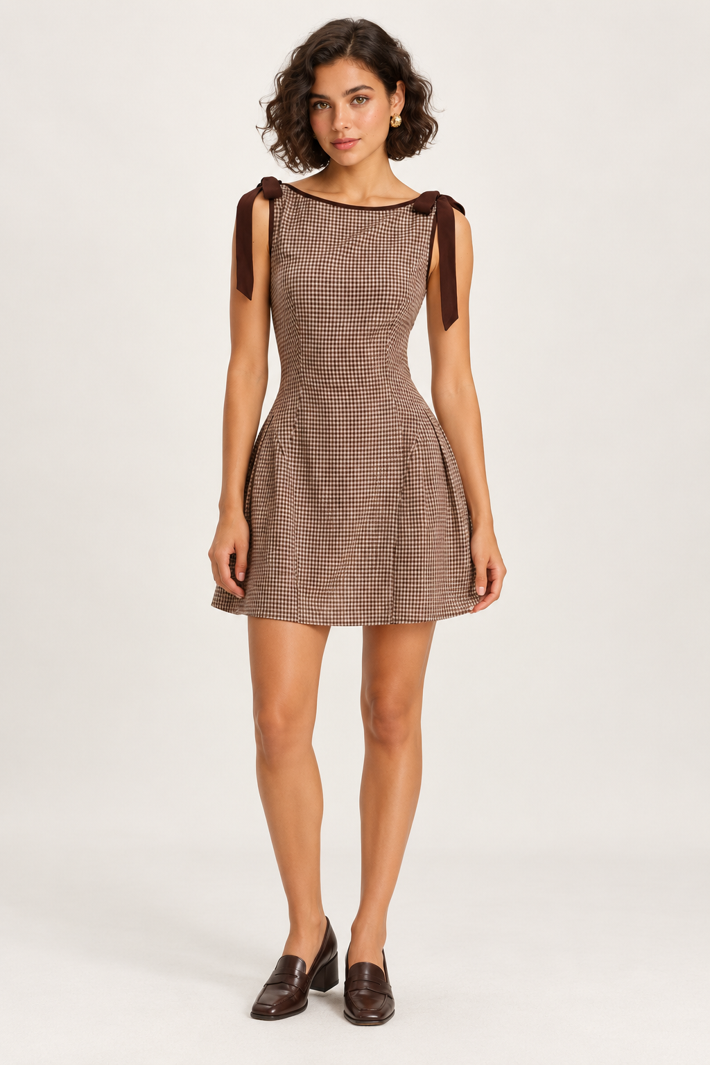 Beatrice Brown Gingham Bow-Strap Mini Dress