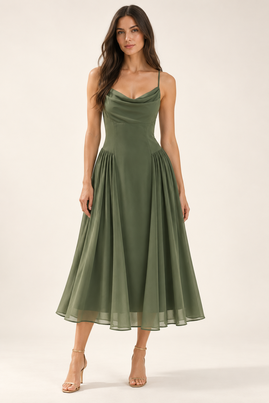 Florence Olive Cowl-Neck Chiffon Midi Dress