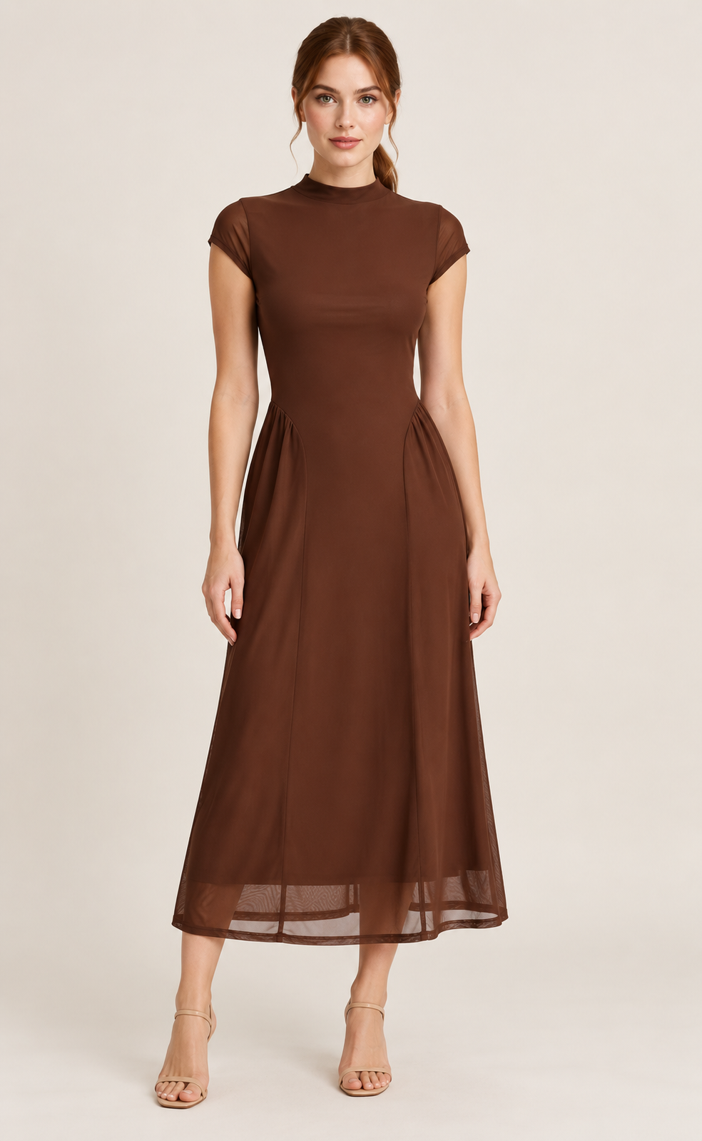 Adeline Coffee Mock-Neck Mesh Midi Dress