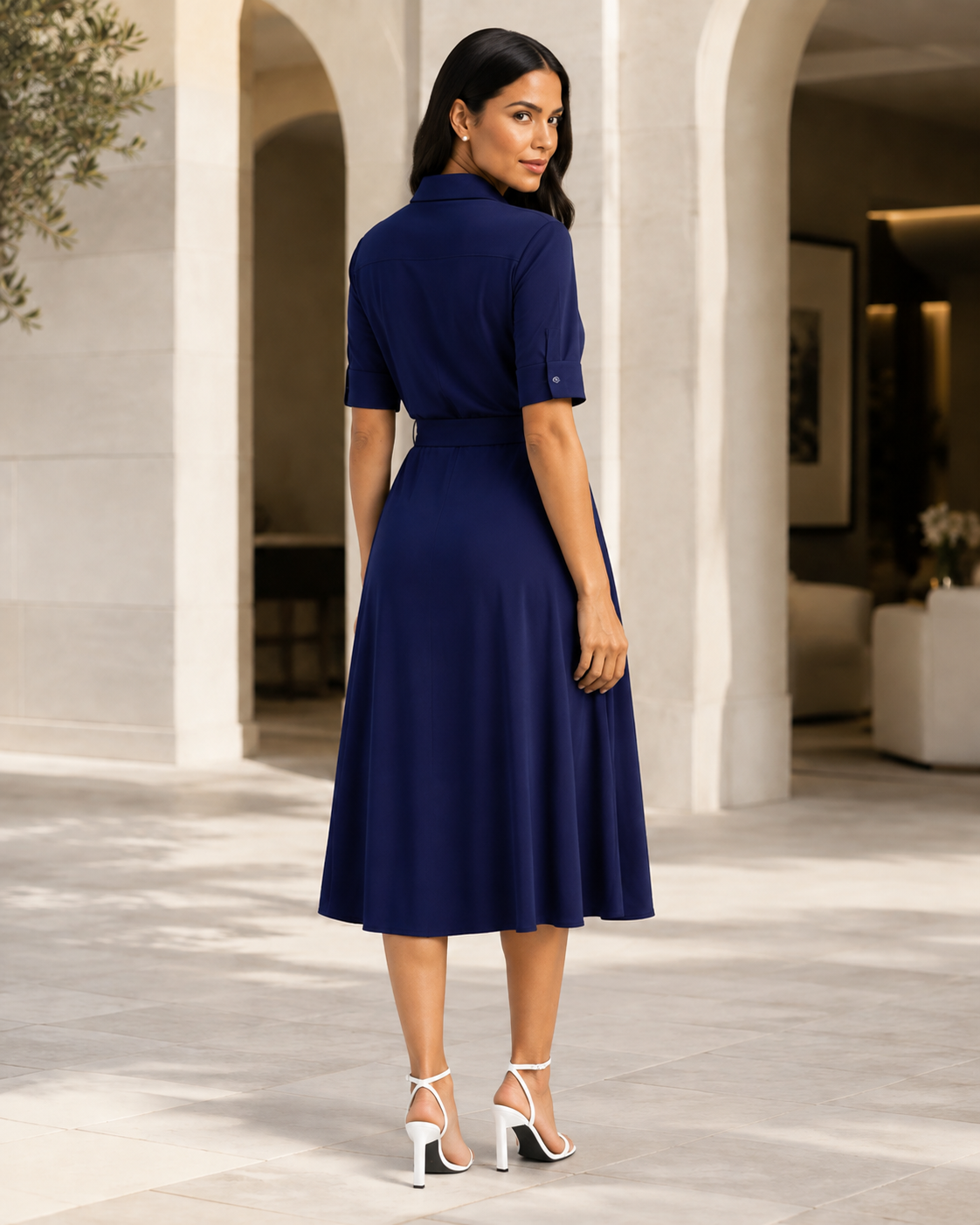 Adeline Navy Belted Midi Shirt Dress