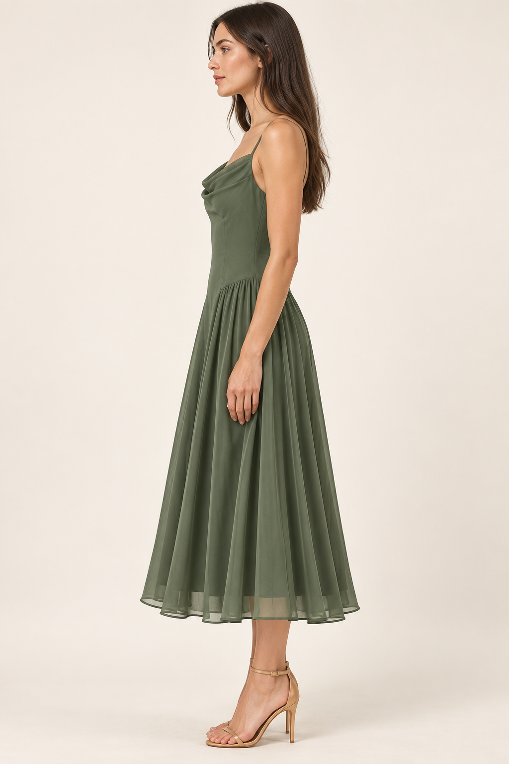 Florence Olive Cowl-Neck Chiffon Midi Dress