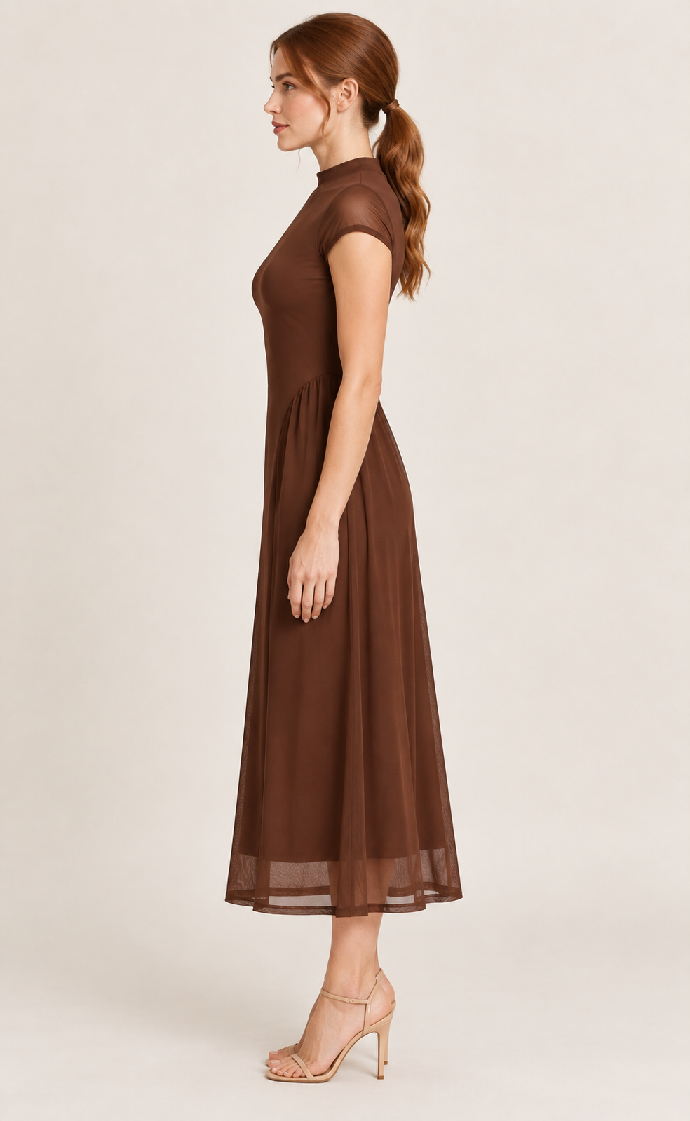 Adeline Coffee Mock-Neck Mesh Midi Dress