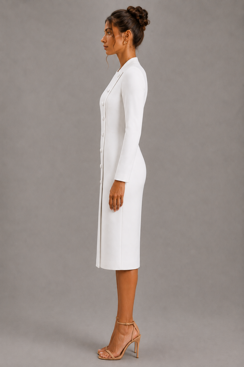 Vivienne White Asymmetric Button Midi Dress