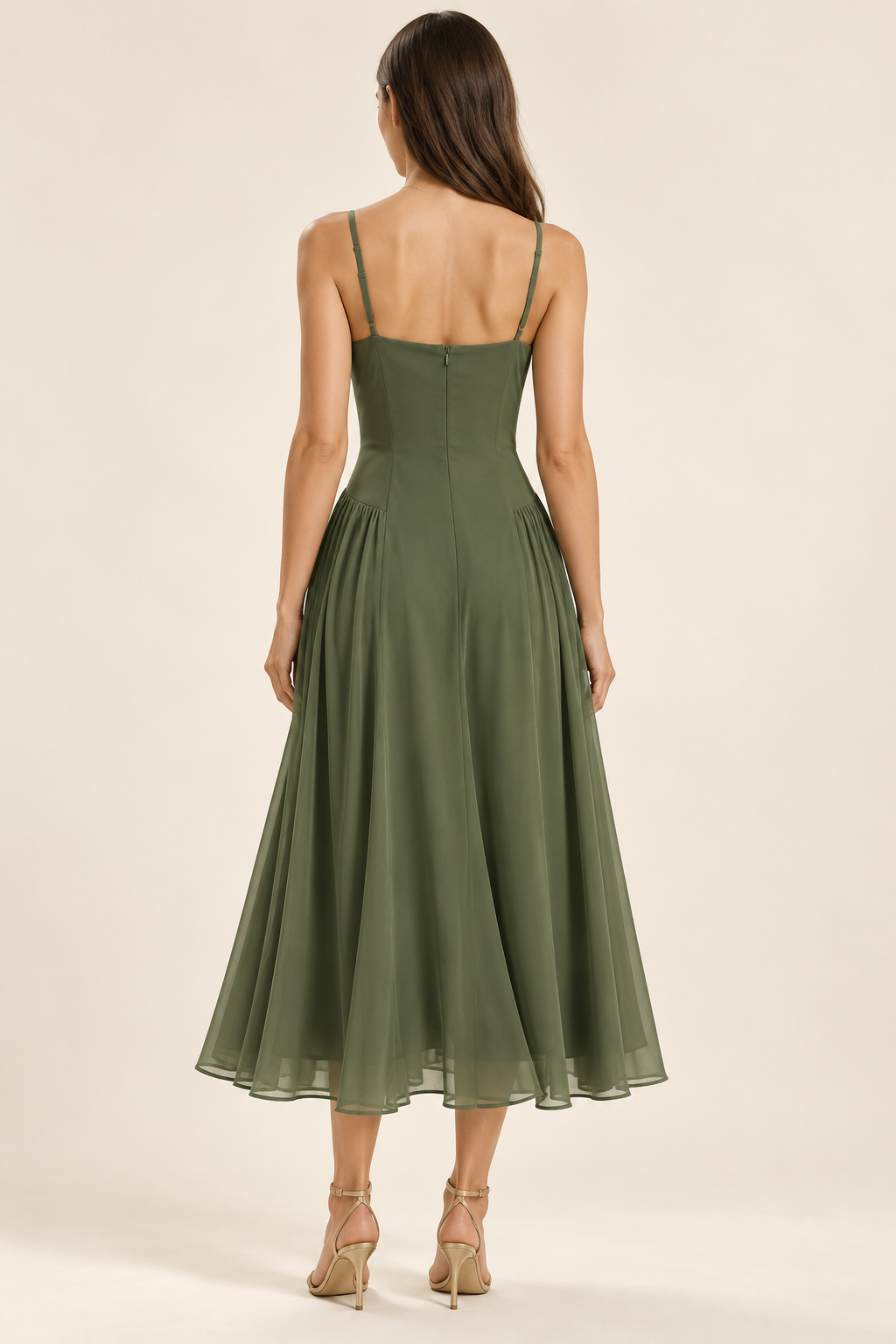 Florence Olive Cowl-Neck Chiffon Midi Dress