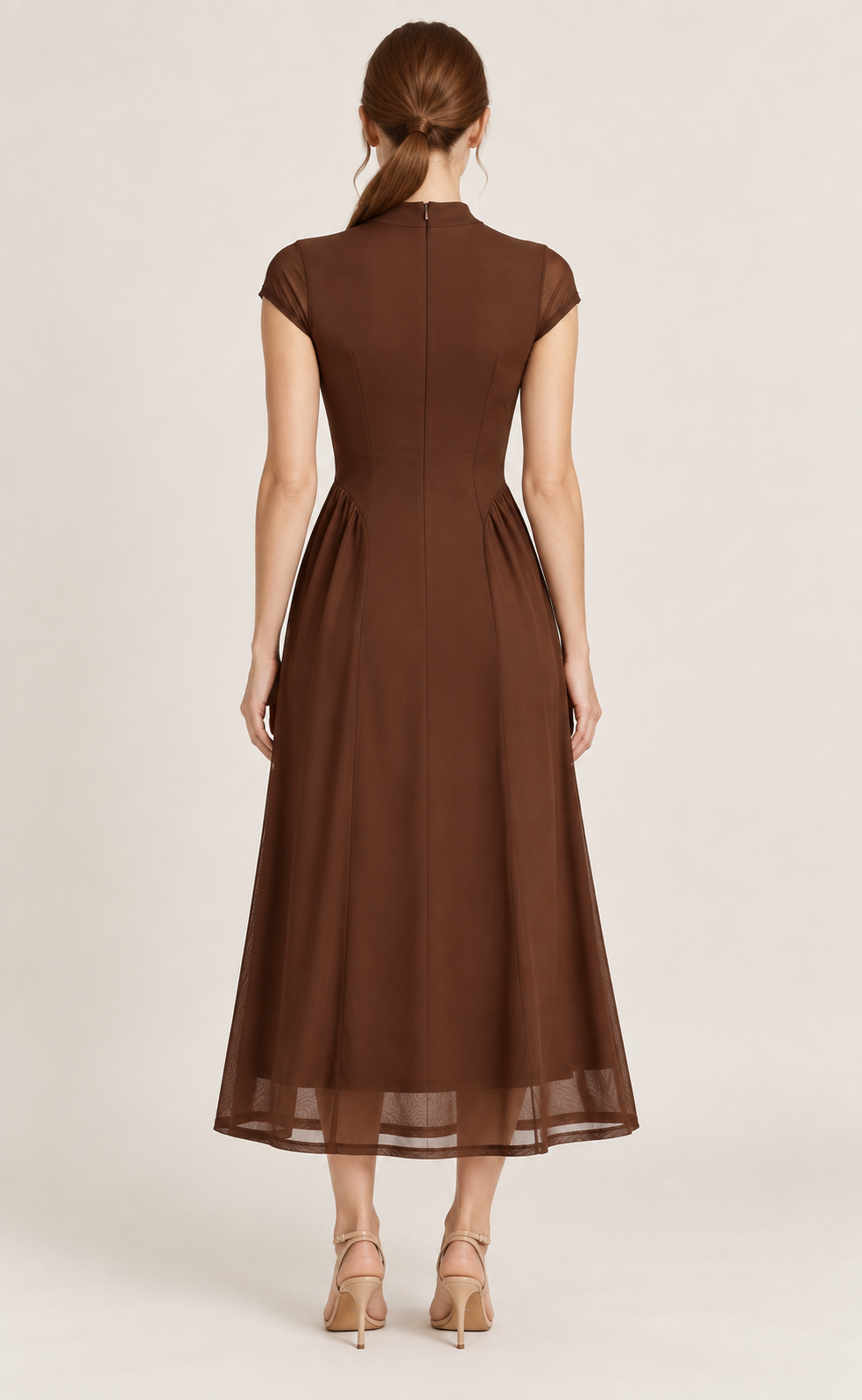 Adeline Coffee Mock-Neck Mesh Midi Dress