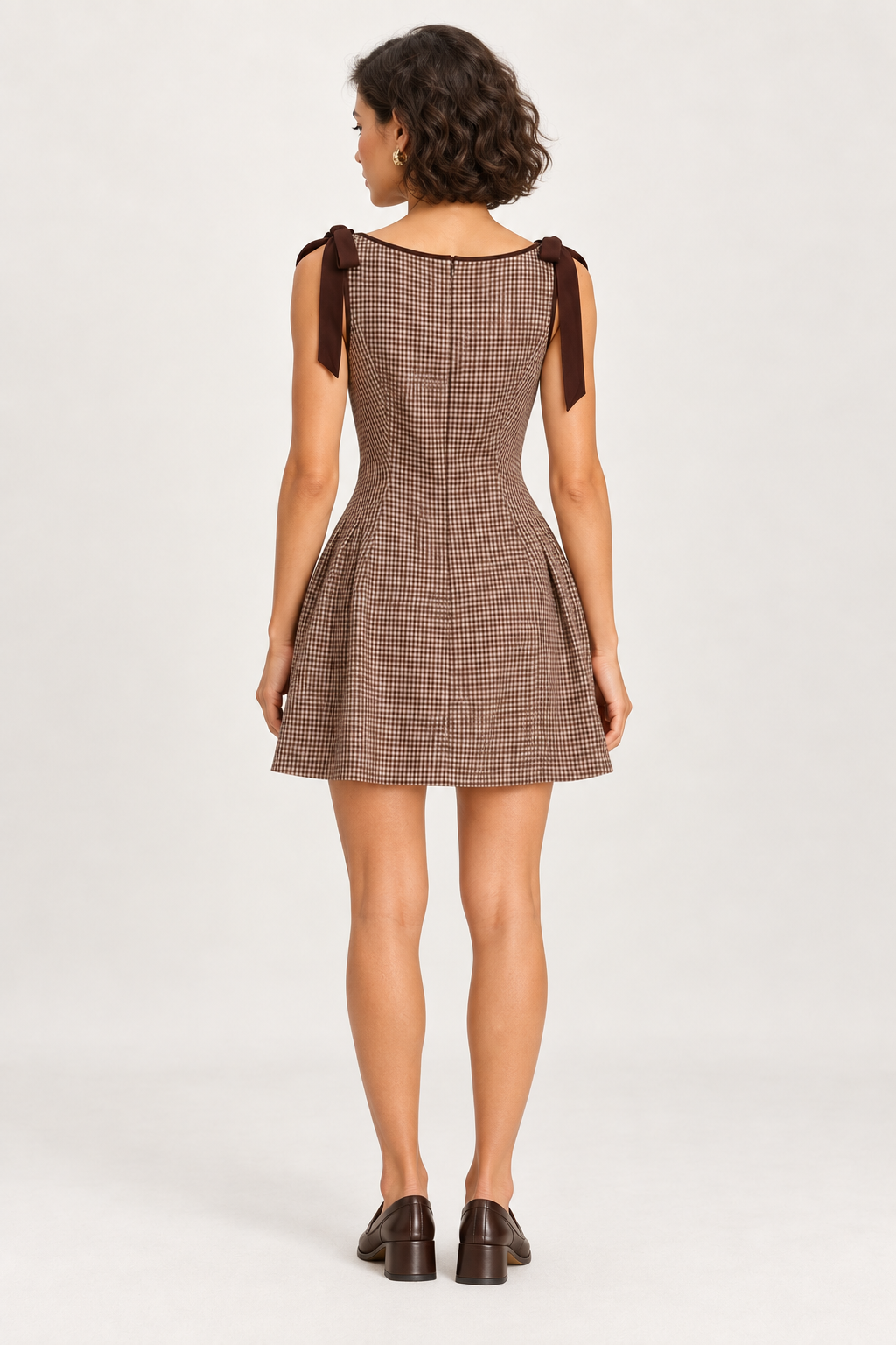 Beatrice Brown Gingham Bow-Strap Mini Dress