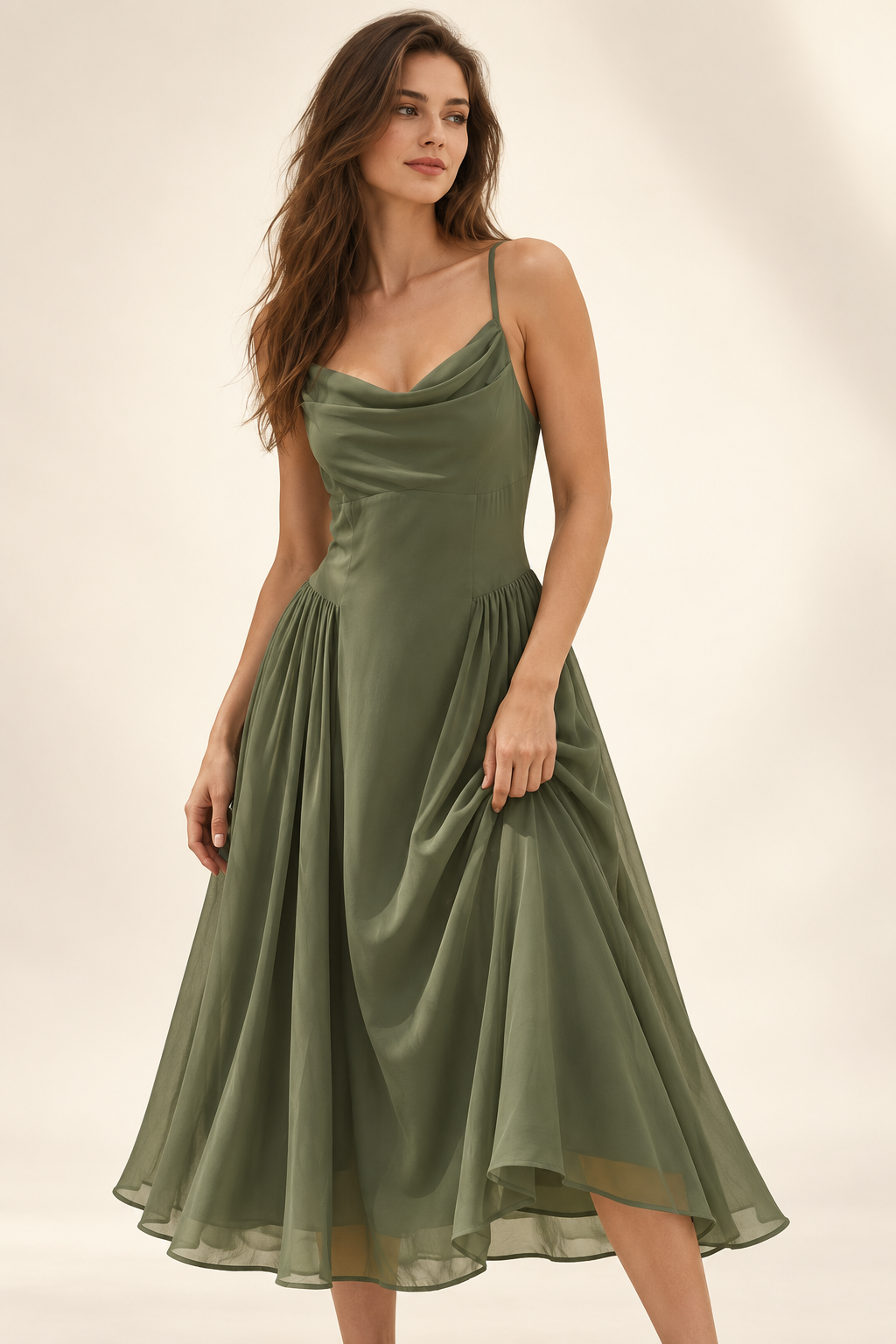Florence Olive Cowl-Neck Chiffon Midi Dress