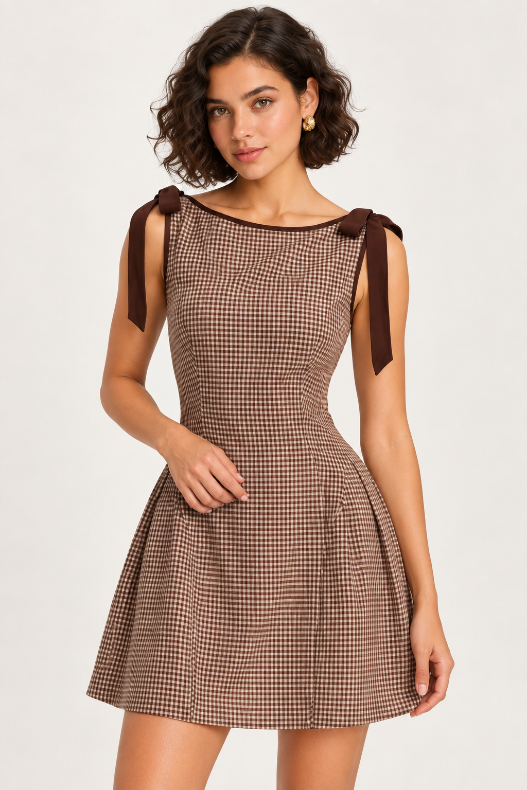 Beatrice Brown Gingham Bow-Strap Mini Dress