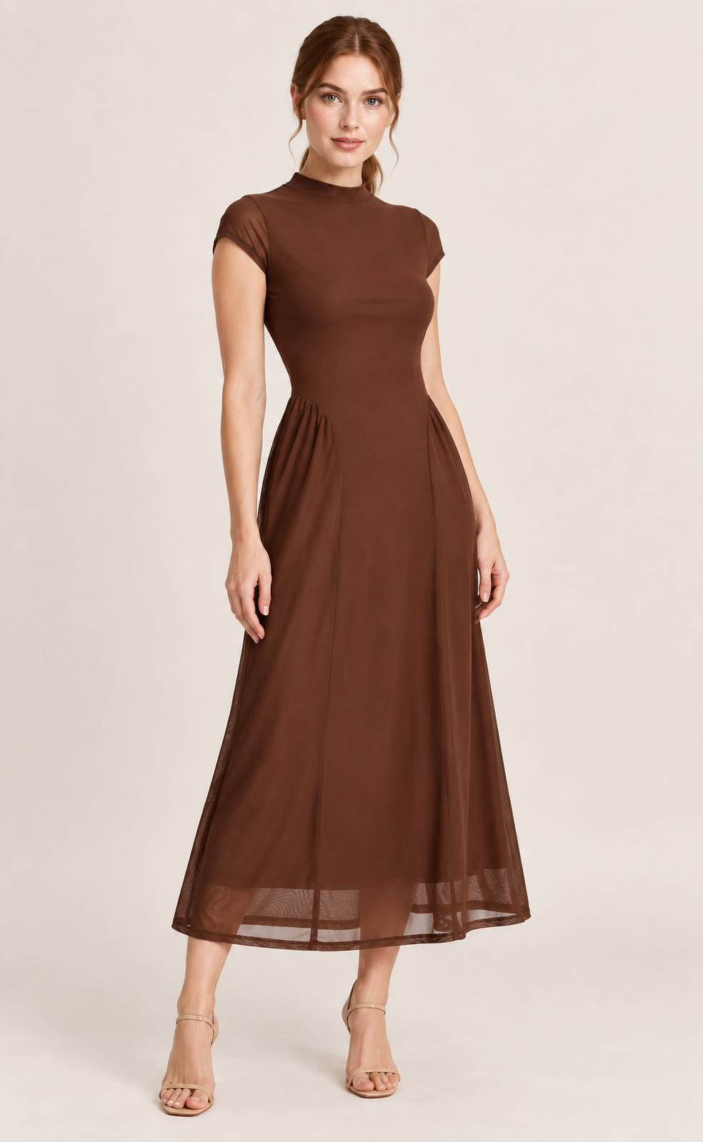 Adeline Coffee Mock-Neck Mesh Midi Dress