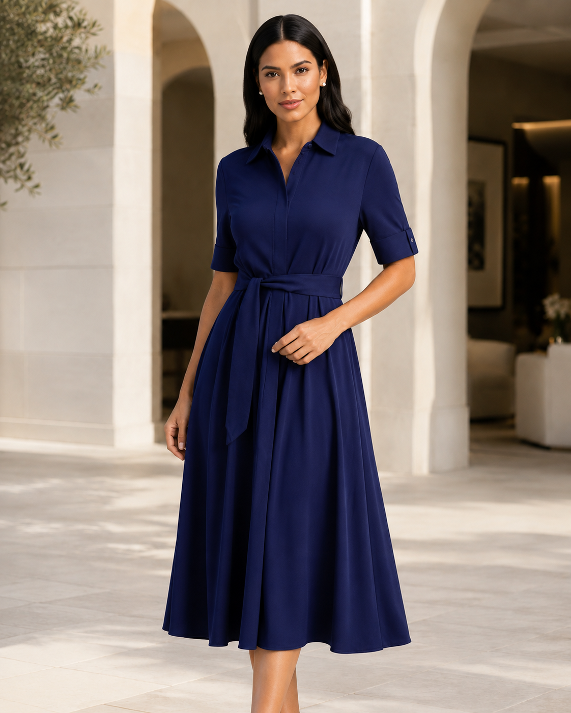 Adeline Navy Belted Midi Shirt Dress
