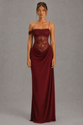 Marcella Wine Red Lace Draped Maxi Dress
