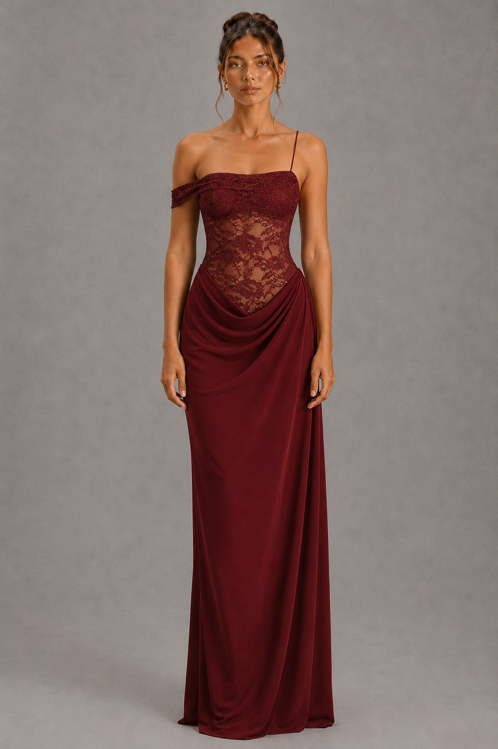 Marcella Wine Red Lace Draped Maxi Dress