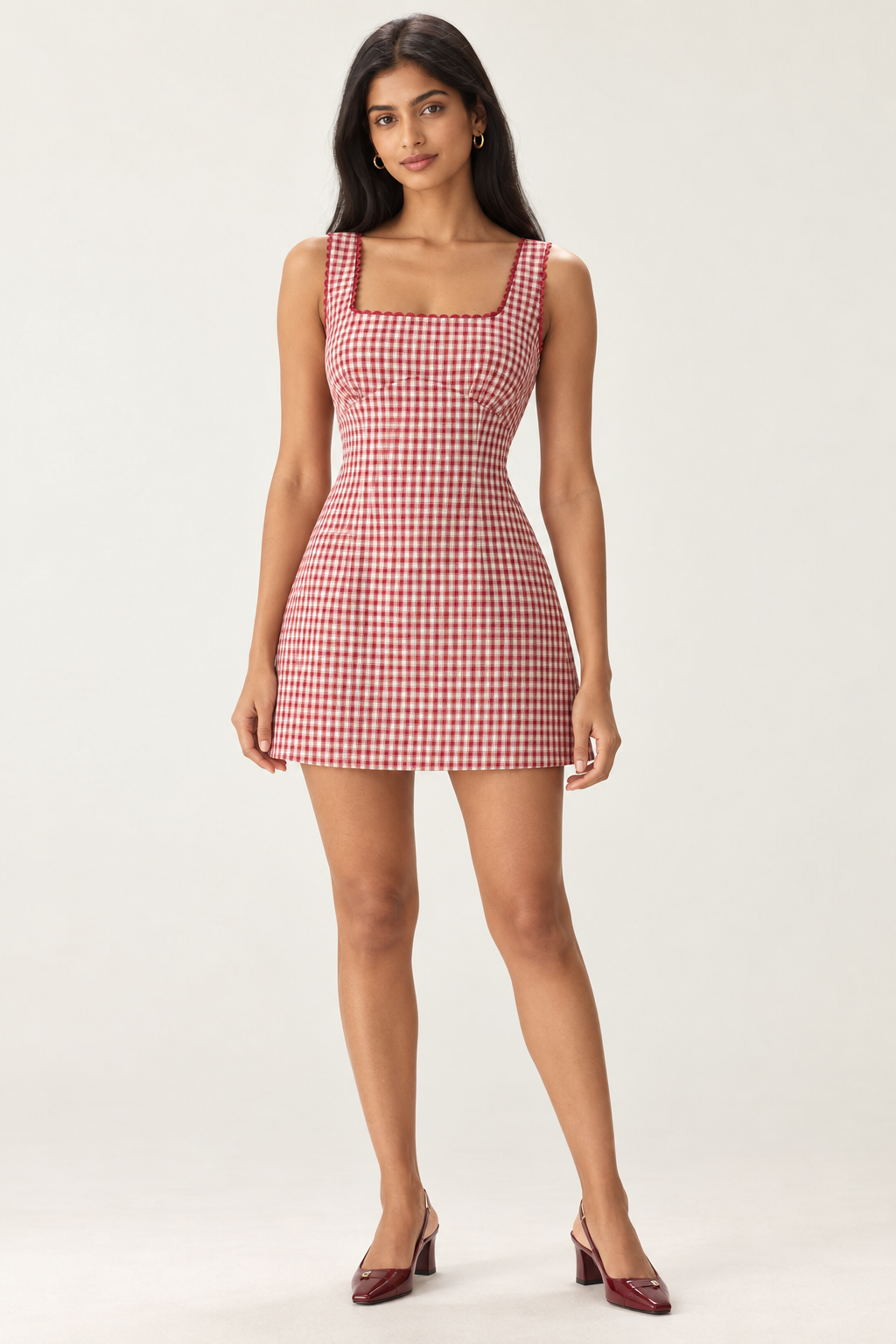 Cecilia Red Gingham Scallop-Trim Mini Dress