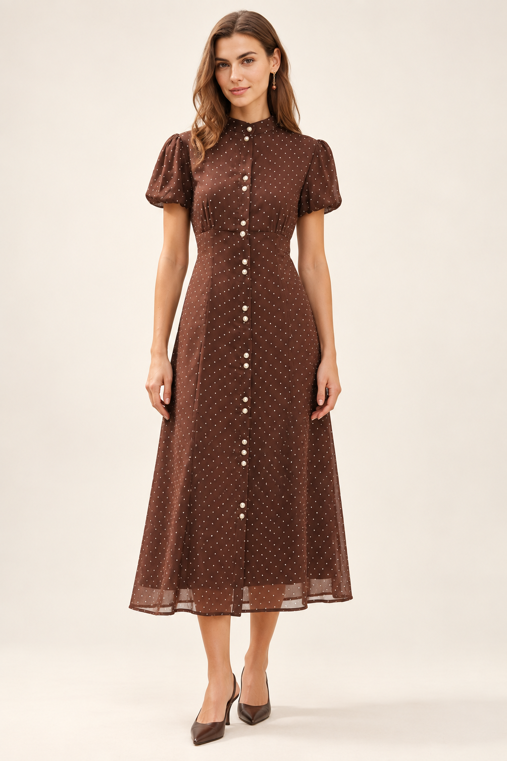 Helena Chocolate Polka-Dot Chiffon Midi Dress