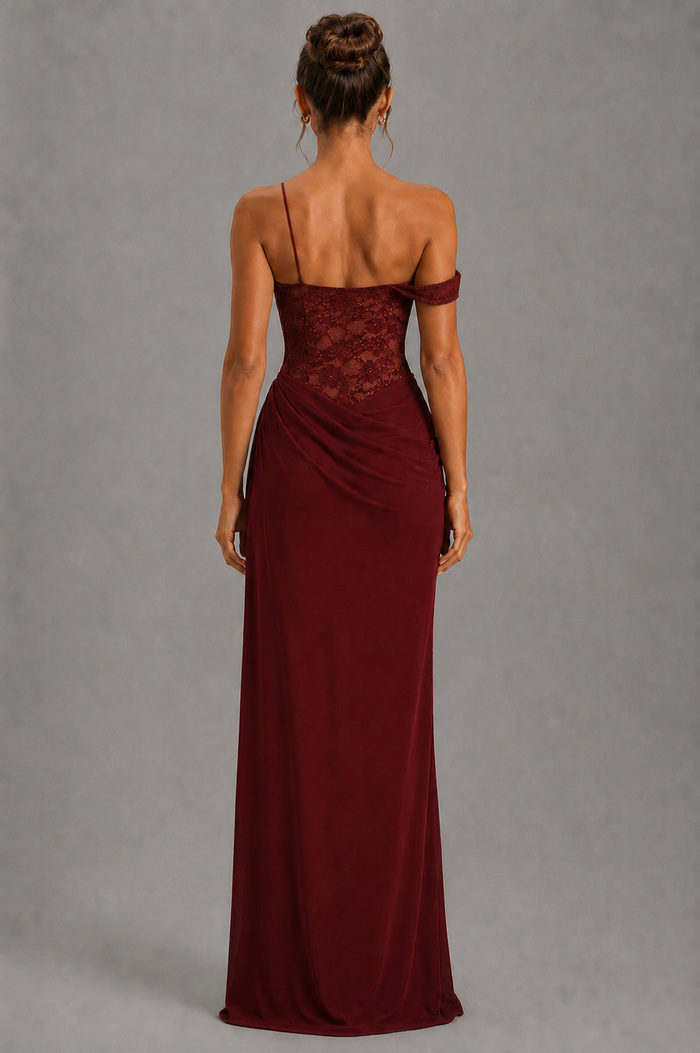 Marcella Wine Red Lace Draped Maxi Dress