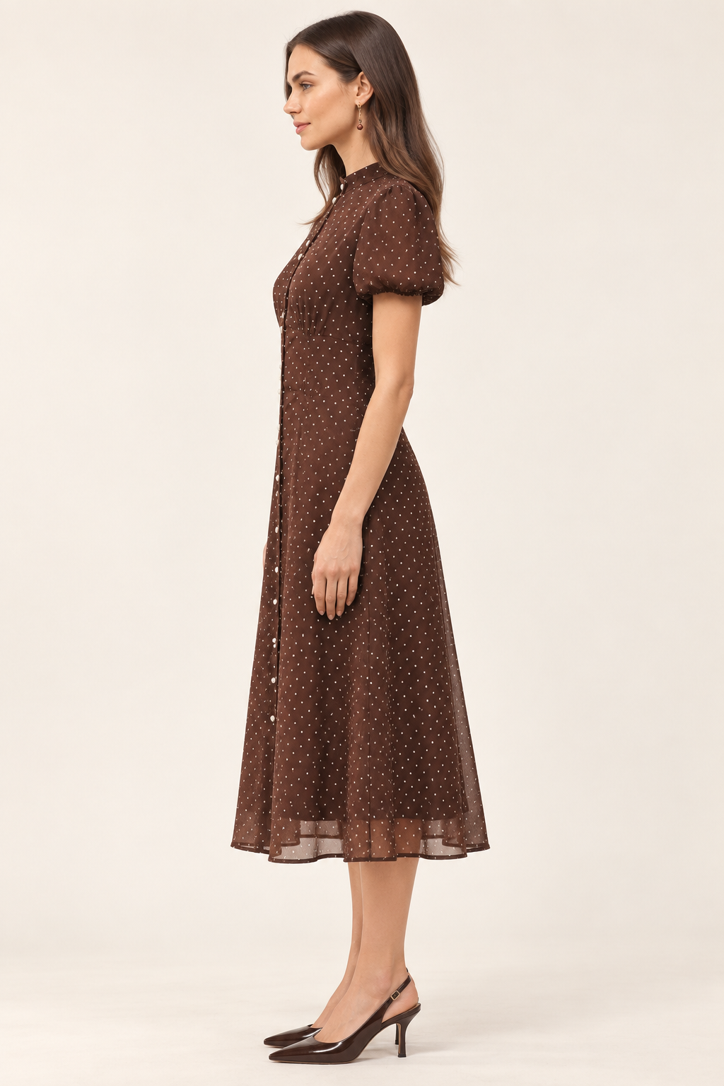 Helena Chocolate Polka-Dot Chiffon Midi Dress