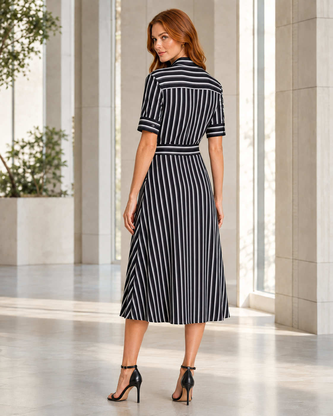 Colette Black Striped Belted Midi Shirt Dress