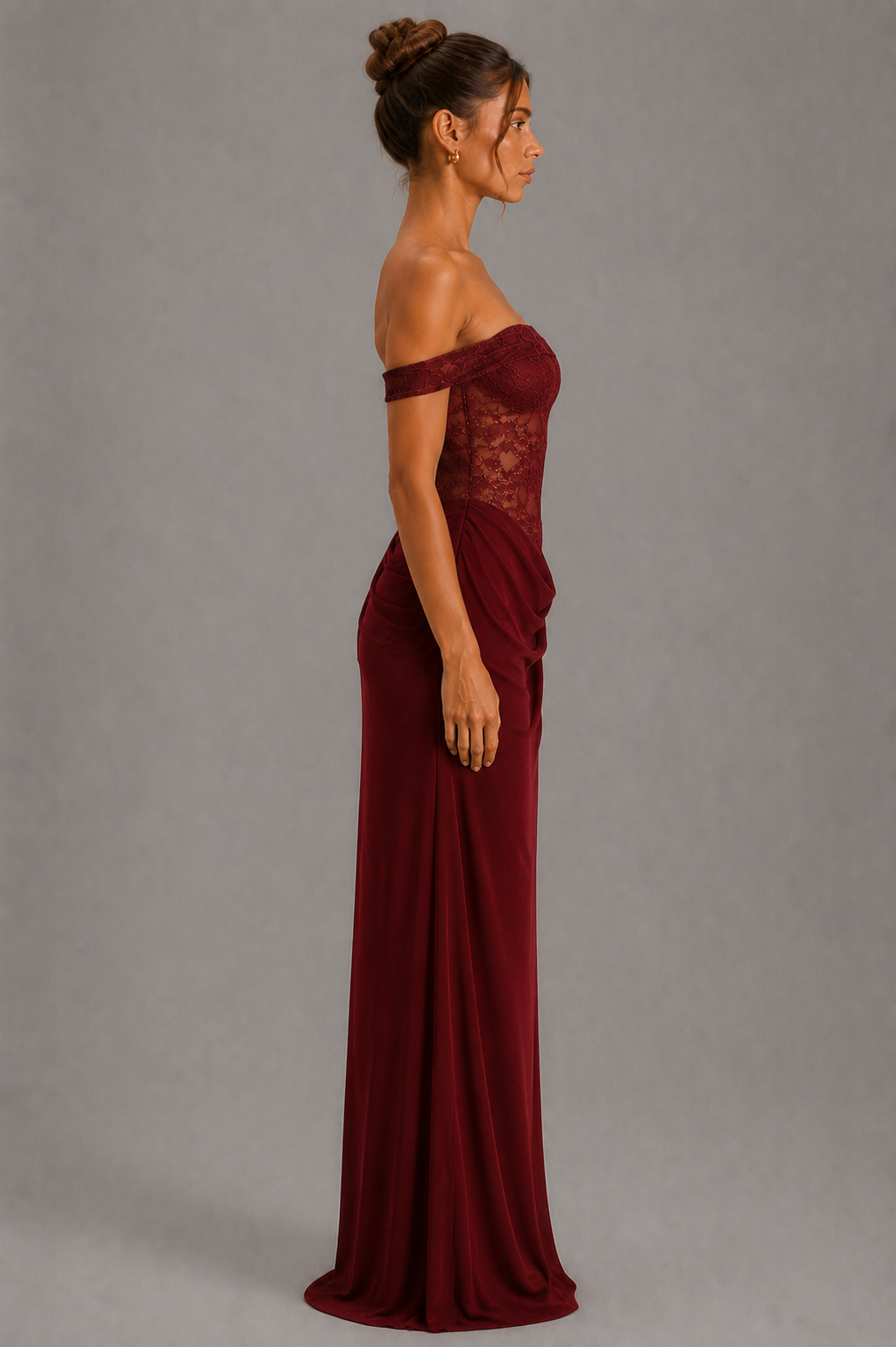 Marcella Wine Red Lace Draped Maxi Dress