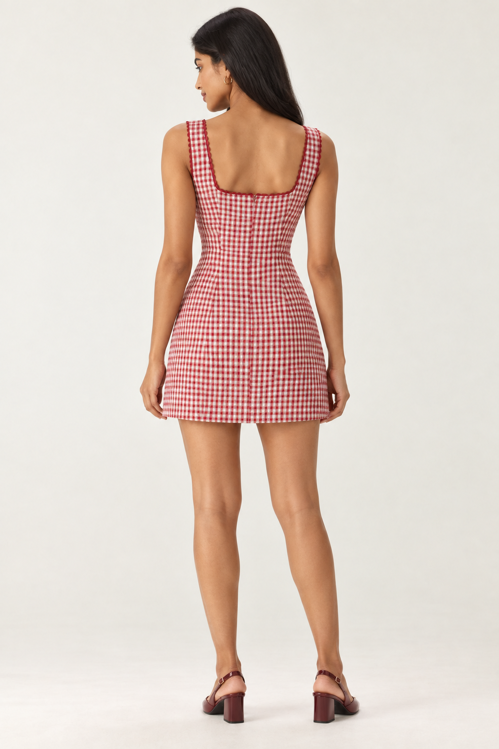 Cecilia Red Gingham Scallop-Trim Mini Dress