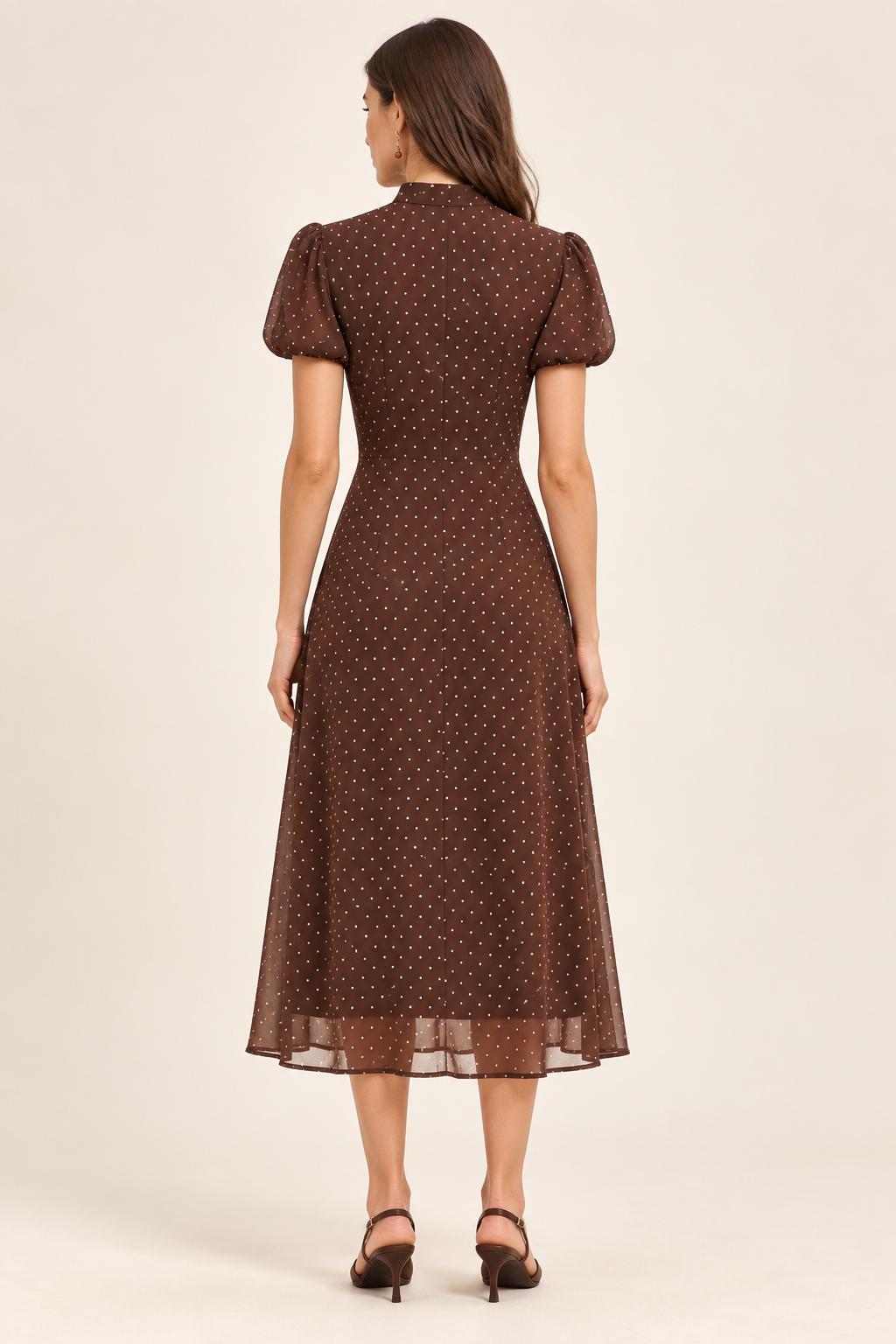 Helena Chocolate Polka-Dot Chiffon Midi Dress