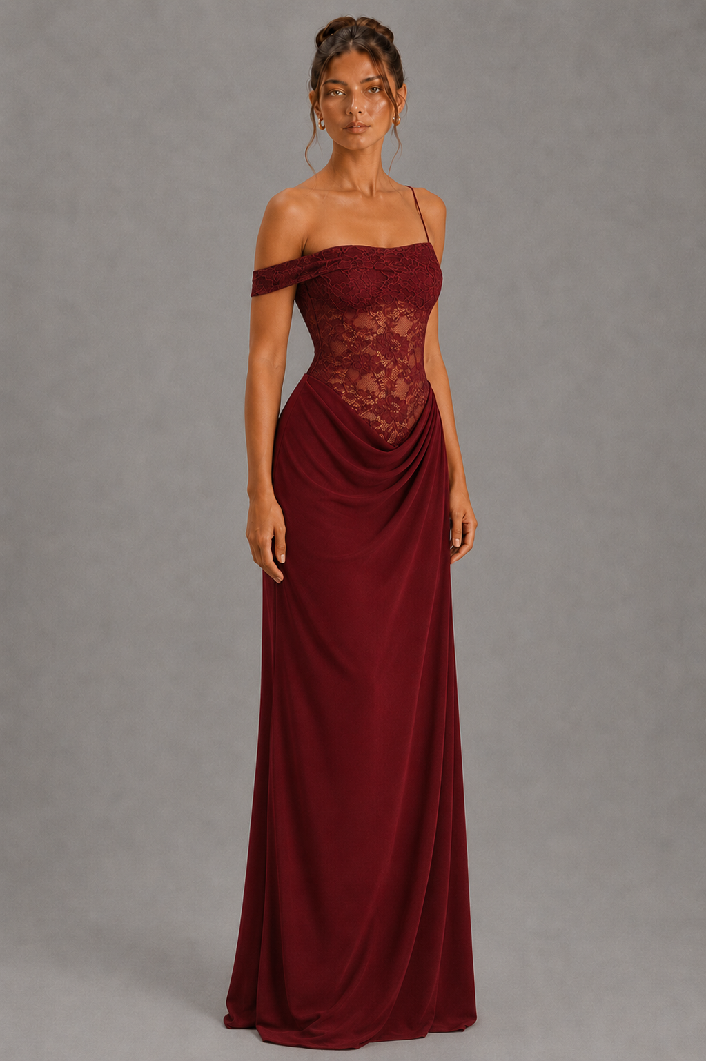 Marcella Wine Red Lace Draped Maxi Dress