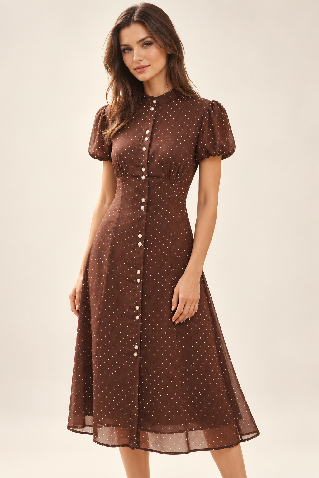 Helena Chocolate Polka-Dot Chiffon Midi Dress