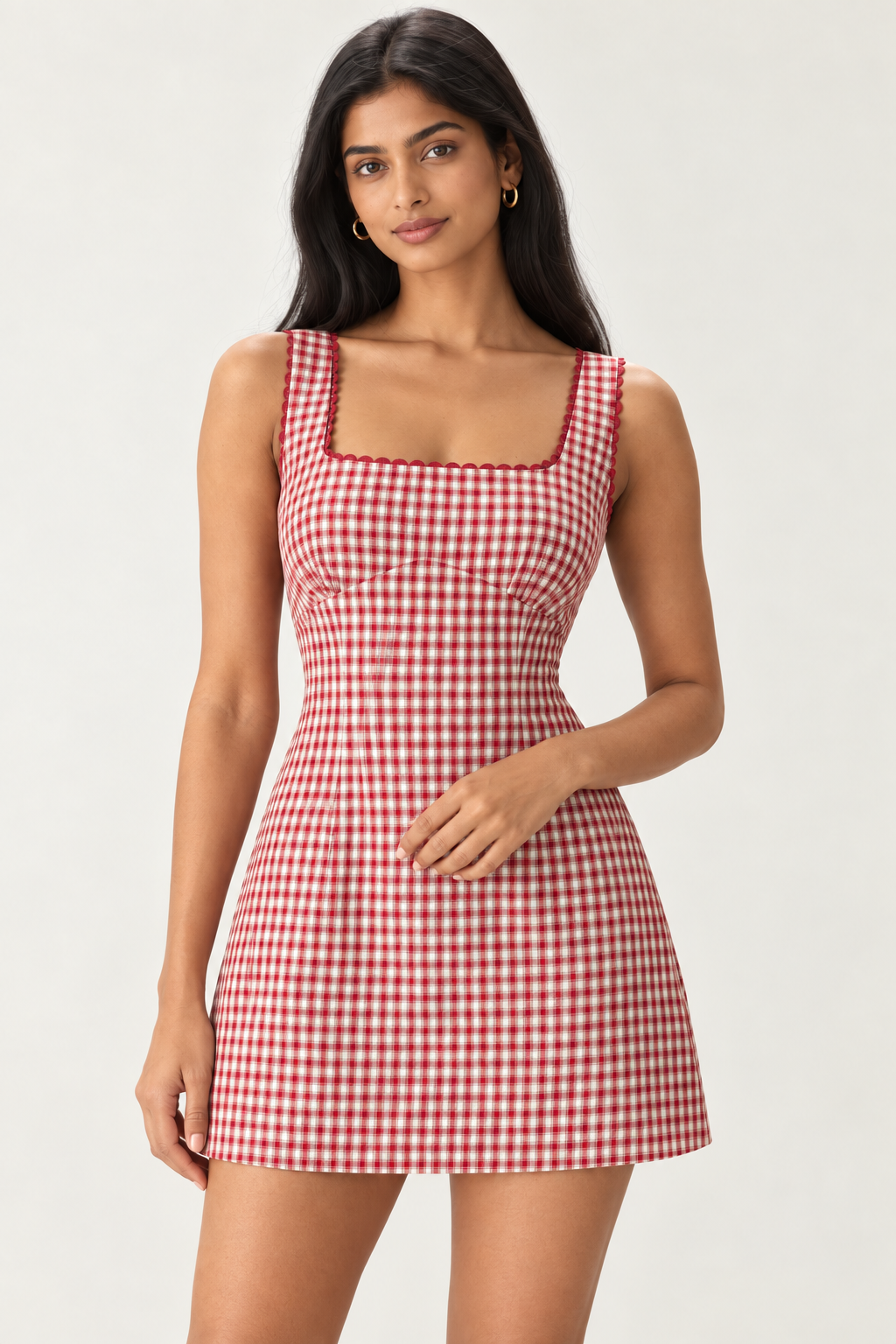 Cecilia Red Gingham Scallop-Trim Mini Dress